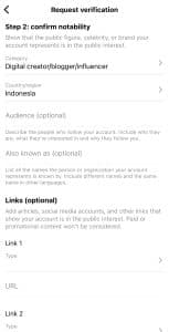 Form pengisian permintaan verifikasi centang biru Instagram